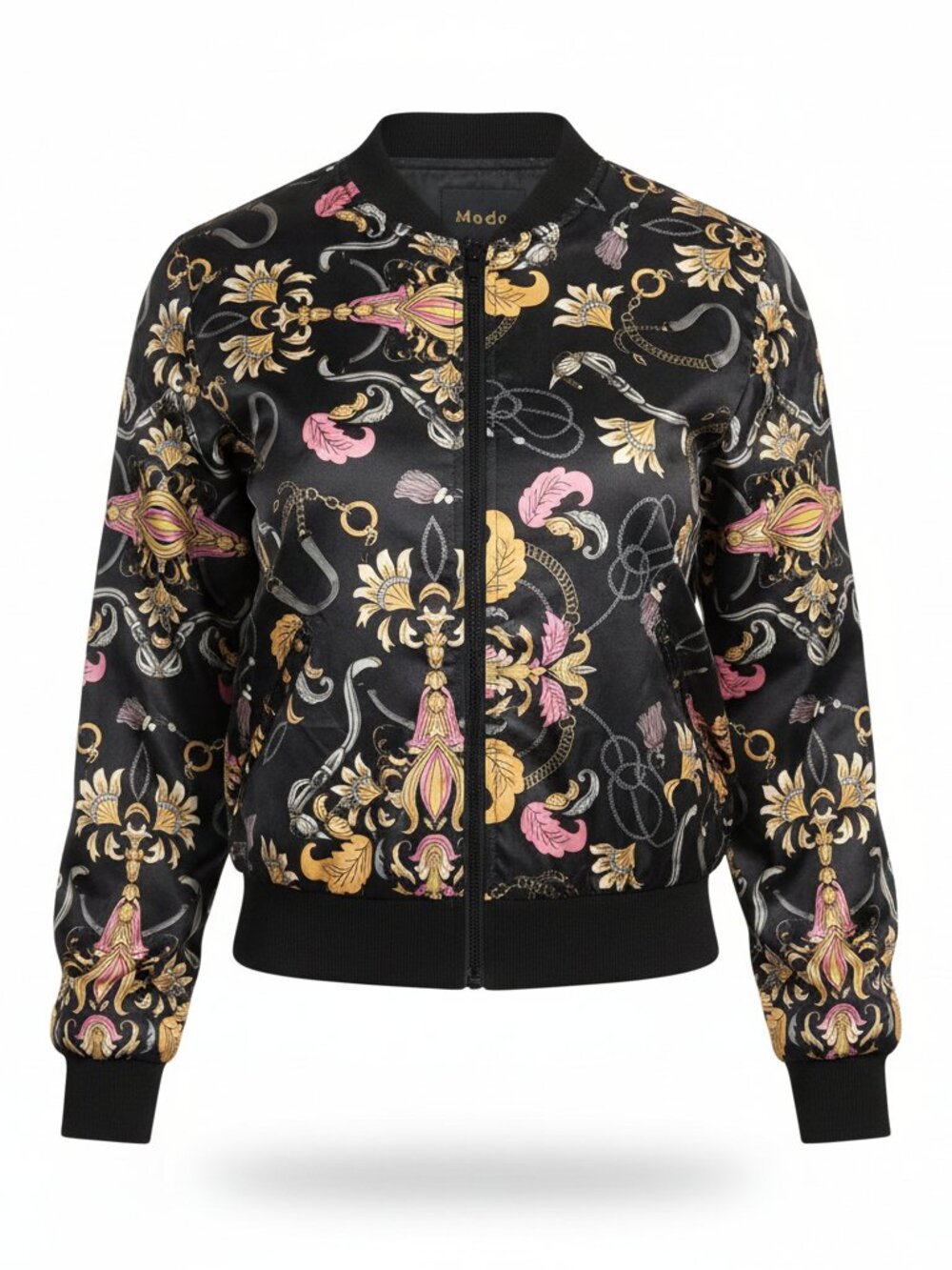 Modo Full Zip Up Foliage Tassel & Chains Satin Bomber Jacket - Size 10